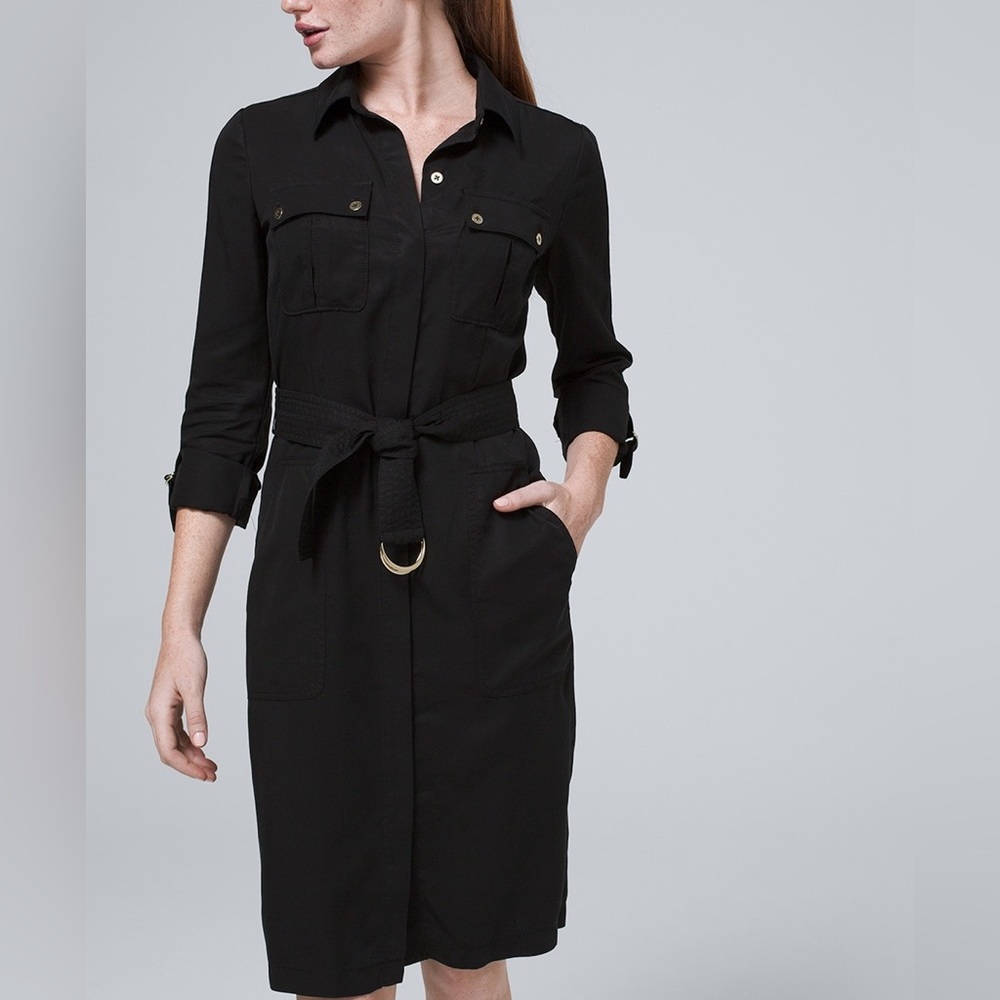 NWT White House Black Market Blk Shirt Dress Cargo Pockets Gold Button Up Sz M